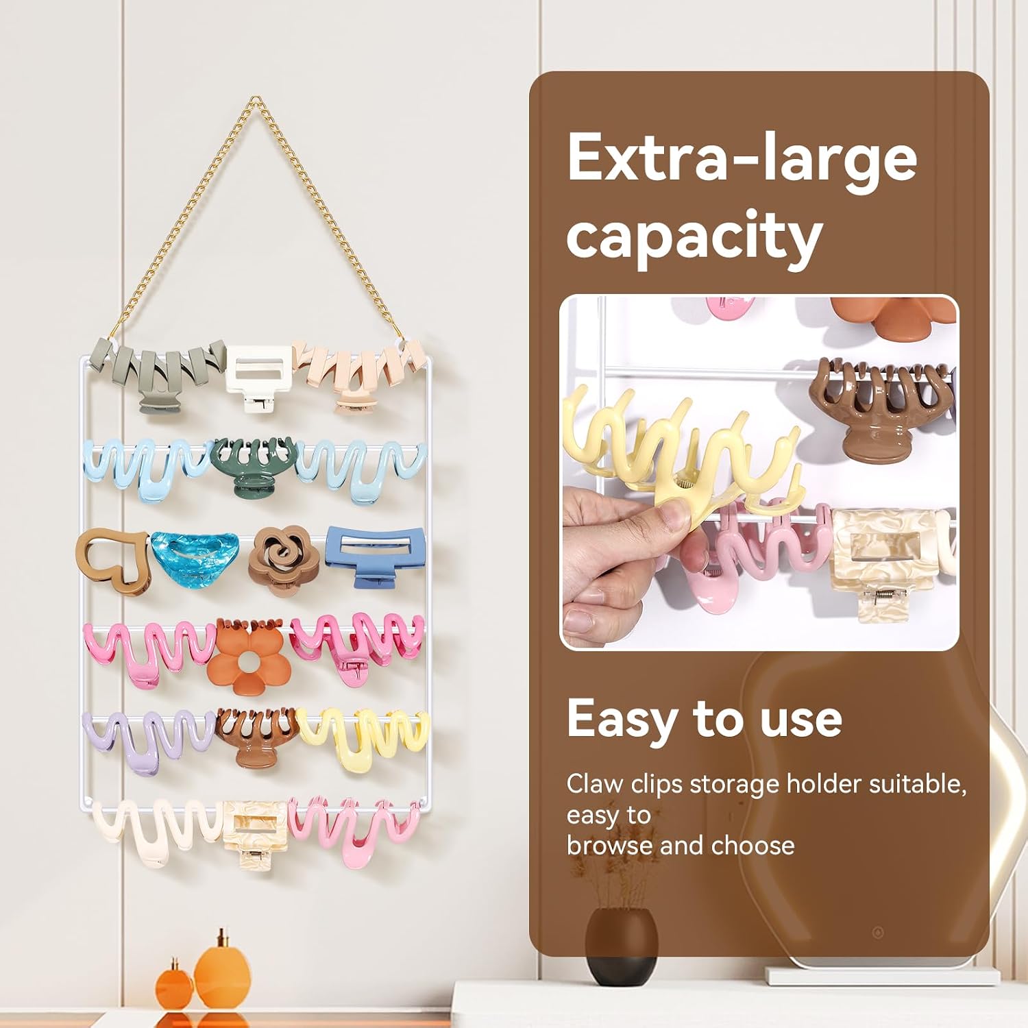 SNOWSTAR Hair Claw Clip Organizer,5-Tier Wall Hanging Hair Clip Holder and Storage for Women Girls,Claw Clip Hanger Home Decor for Wall,Door,Closet (White)