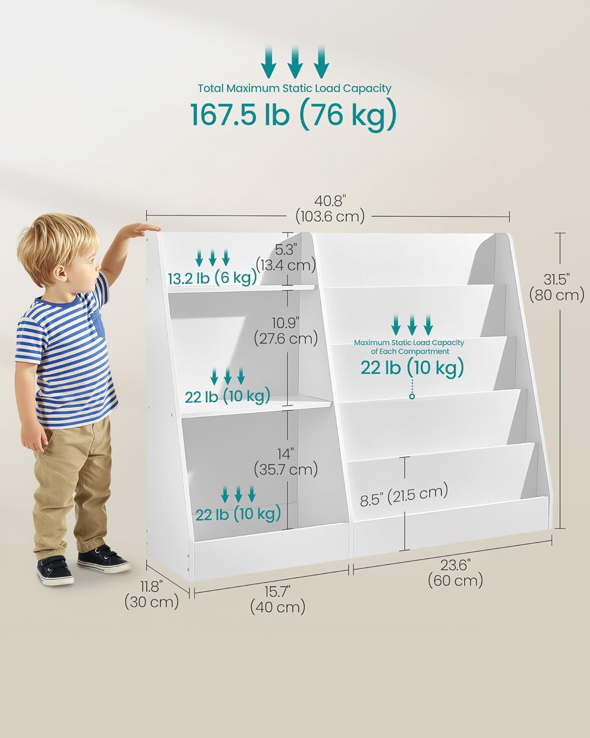 SONGMICS Custos Collection - Book and Toy Storage Organizer, 5-Tier Montessori Kids Bookshelf and Toy Storage Shelf, for Children's Room, 11.8 x 40.8 x 31.5 Inches, Cloud White UGKR077WZ01