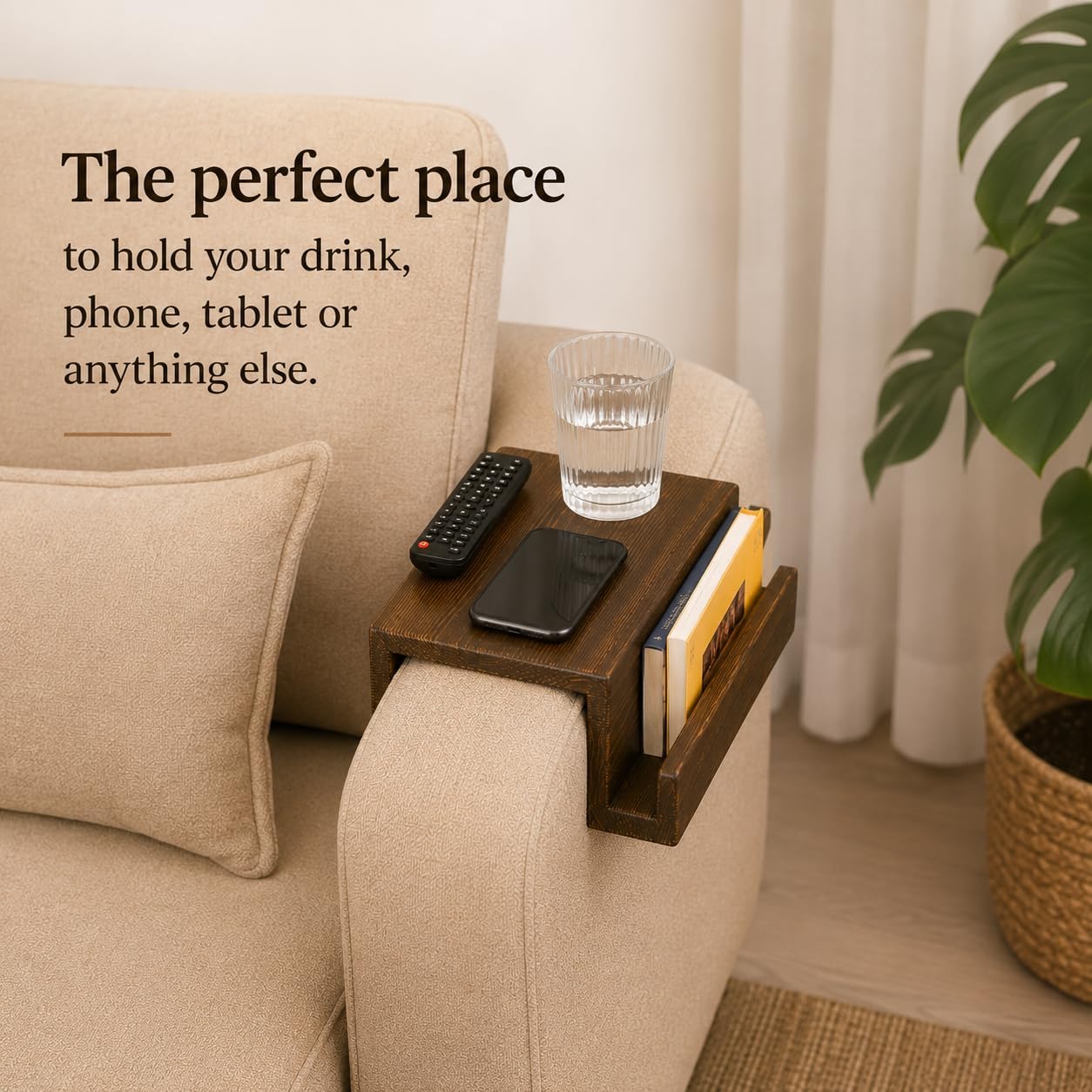 Wooden Sofa Armrest Mini Table & Storage Couch Arm Tray Side with Book or Remote Control Holder, Solid Pine for Living Room - Walnut Brown 7.5" (19 cm) Armrest