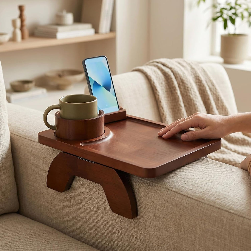 Cryfokt Couch Cup Holder Tray, Large 15.4x9.9 Inch Foldable Sofa Arm Table with 360 Rotating Phone Stand, for Living Room Snacks and Drinks (Brown)