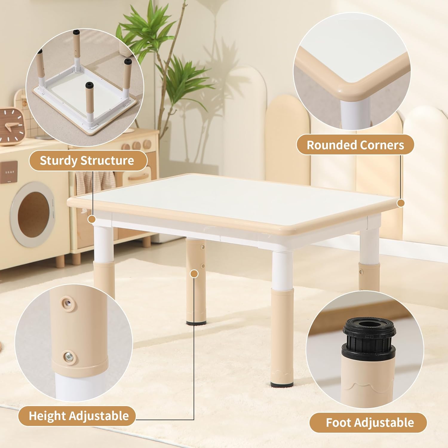 Hulaibit Toddler Table and 2 Chairs, Height-Adjustable Kids Table and Chairs Set, 31.5''L x 23.6''W Children Activity Table for Boys and Girls Aged 3-8