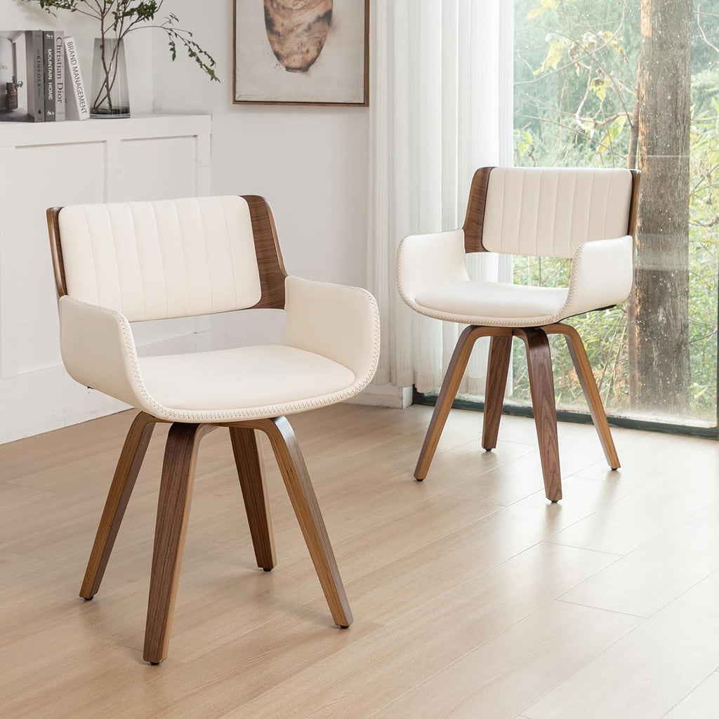 LUNLING Swivel Accent Faux Leather Dining Chairs Set of 4,Mid Century Modern Chairs with Wooden Legs/Armrest/Upholstered Seat/Adjustable Foots for Kitchen Dining Room Desk Chairs,Beige