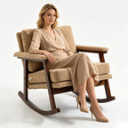 Nursery Rocking Chair with Upholstered Cushion, Wooden Frame Glider Rocker for Nursery, Comfortable Reading Armchair for Living Room, Bedroom & Sunroom (Khaki)