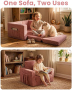 TinyPalsa Foldable Toddler Couch with Soft Sherpa Cover, 2-in-1 Comfy Toddler Sofa & Lounger for 3+ Years Old Girls Boys, Kids Chair with Pockets & Handle for Reading, Playroom (Pink)