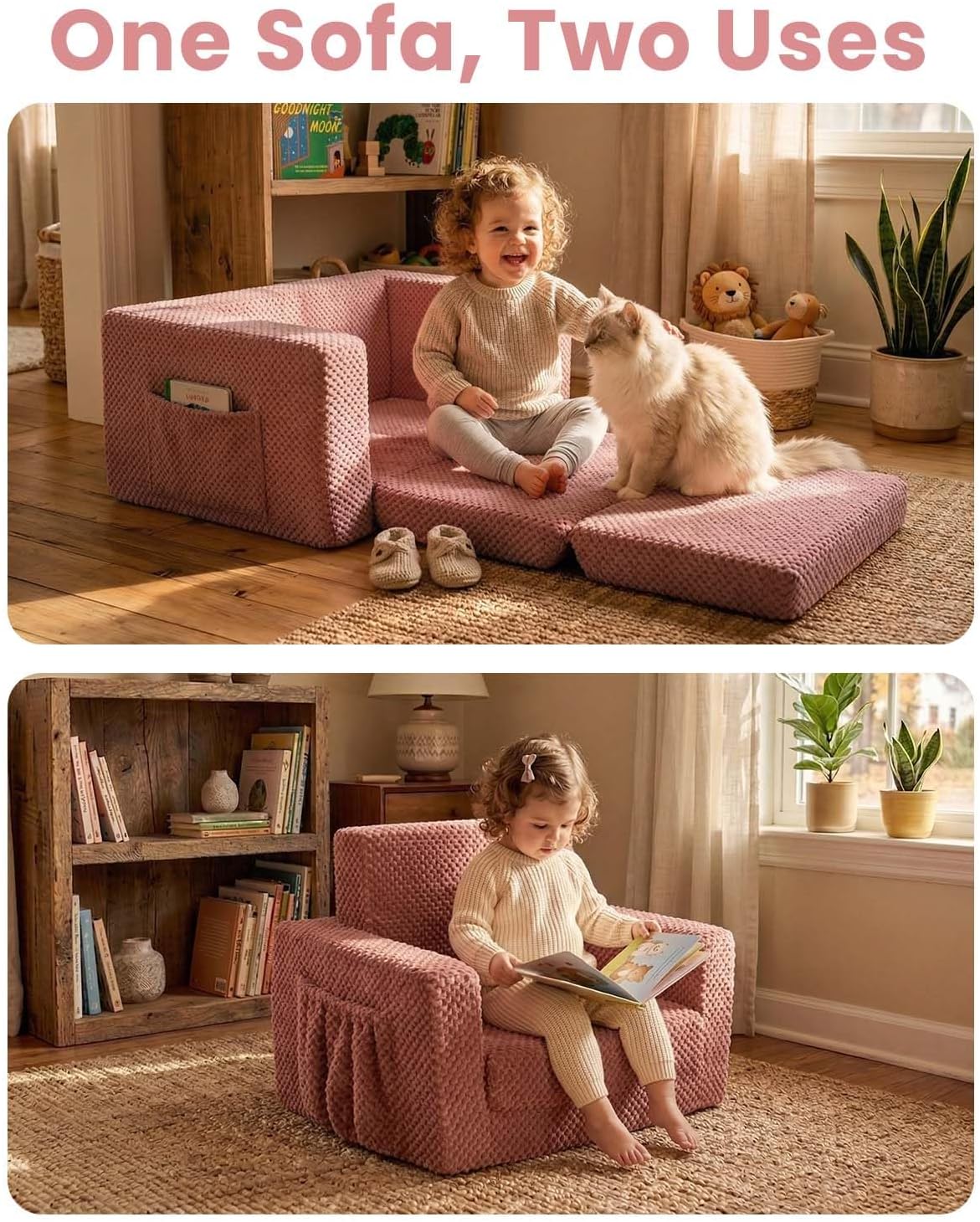TinyPalsa Foldable Toddler Couch with Soft Sherpa Cover, 2-in-1 Comfy Toddler Sofa & Lounger for 3+ Years Old Girls Boys, Kids Chair with Pockets & Handle for Reading, Playroom (Pink)