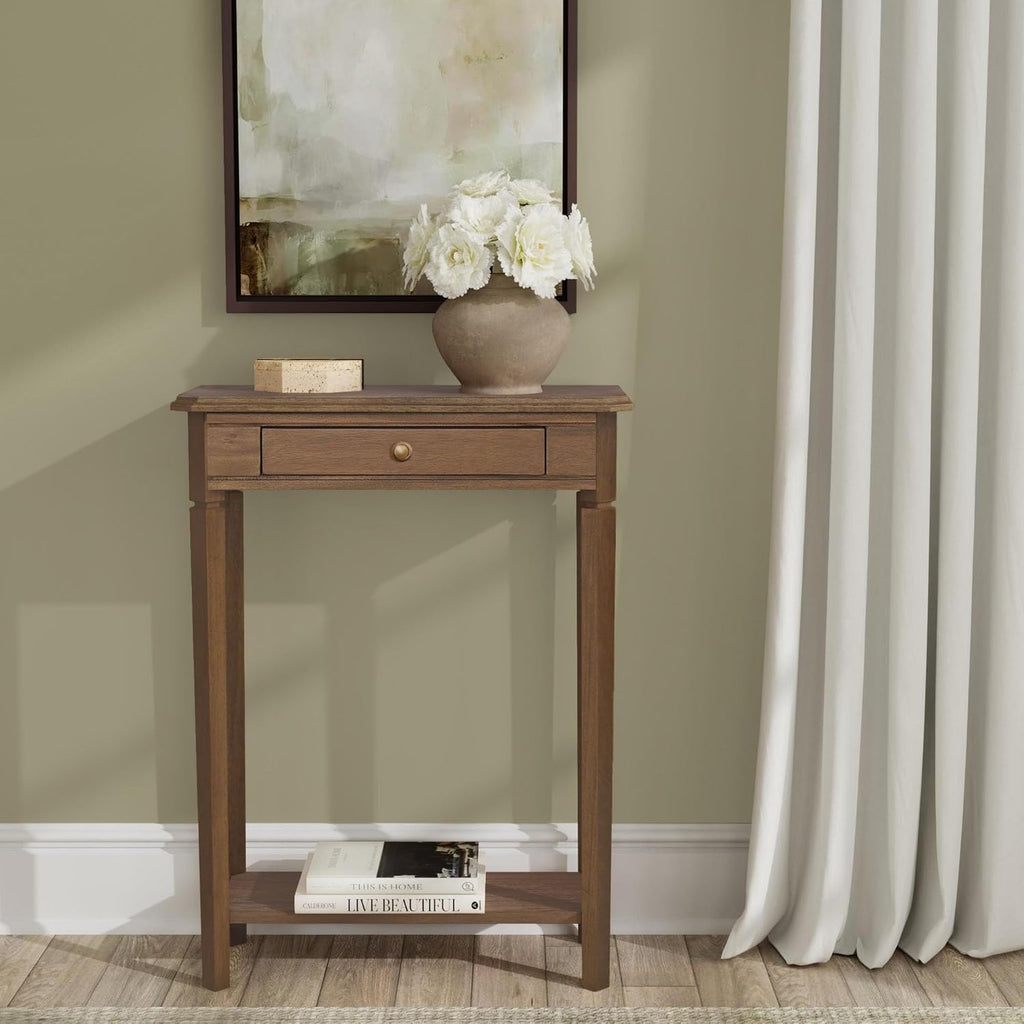 East at Main Solid Wood Console Table – 23.75” Wide Narrow Brown Entryway Table with Storage & Shelf – Rustic French Country Accent Table for Hallways, Foyers, Living Rooms and Small Spaces