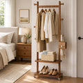 Taitiy Coat Rack Freestanding Solid Wood with Wheels 2 Shelves 5 Hooks | 100% solid rubberwood,hidden 360° silent wheels,2 tier shelves,5 hooks,small clothing rack,entryway bedroom living room
