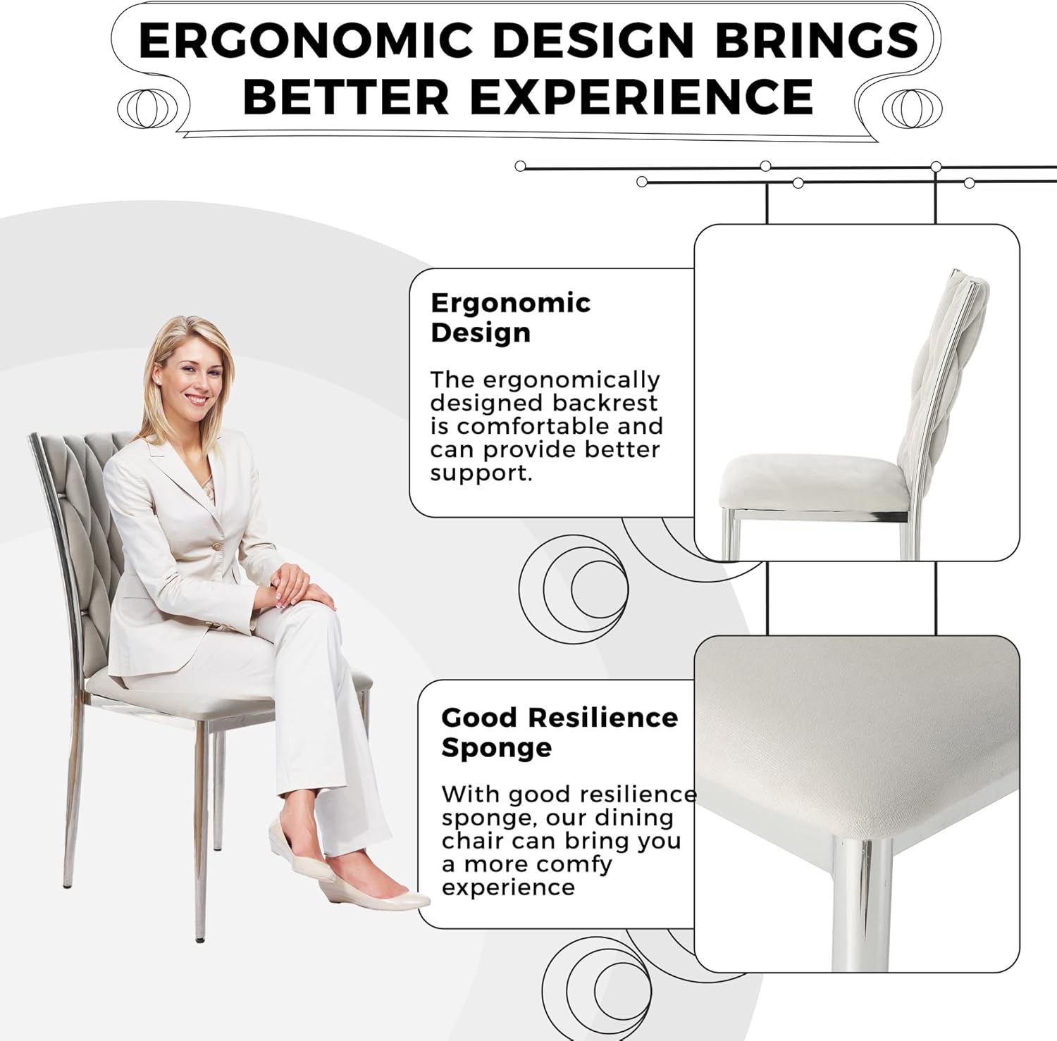 Velvet Dining Chairs Set of 6, Modern Woven Kitchen Chairs with Silver Metal Legs, Upholstered Cushion with High Back, Dirt Resistance, Easy to Install, for Living Room, Dining Room - Light Grey