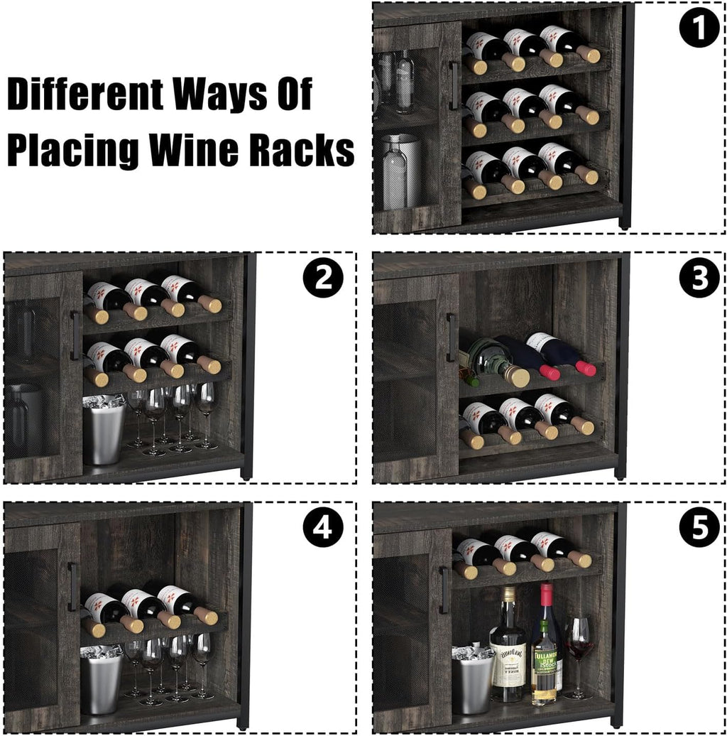 GAOMON Coffee Wine Bar Cabinet with Storage and Detachable Rack, Farmhouse Sideboard and Buffet Cabinet with Glass Holder and Mesh Door, Liquor Coffee Bar Cupboard, Dark Wood