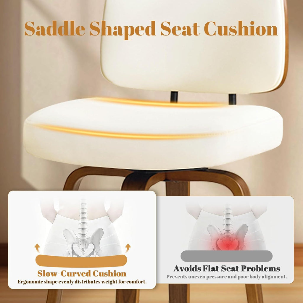 Counter Height Bar Stools Set of 3, 26+inch Swivel Faux Leather Barstool with Back, Upholstered Mid-Century Modern Bar Chairs with Bent Wood Legs for Kitchen Counter, Dining Room, Cream White