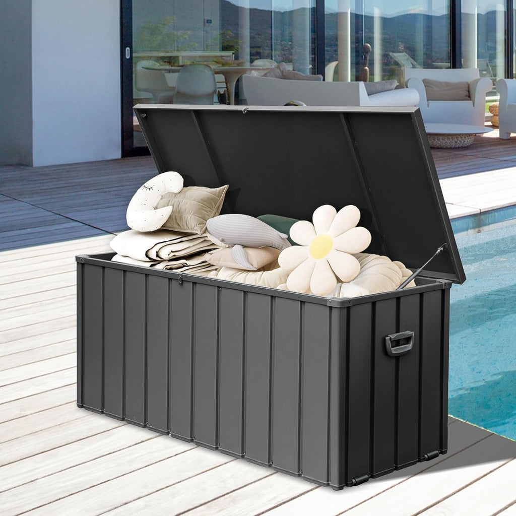 Galvanized Steel Outdoor Storage Box Lockable Bench with Hydraulic Lid Wheels for Patio Backyard Pool Cushions Tools Package Storage (Dark Brown)