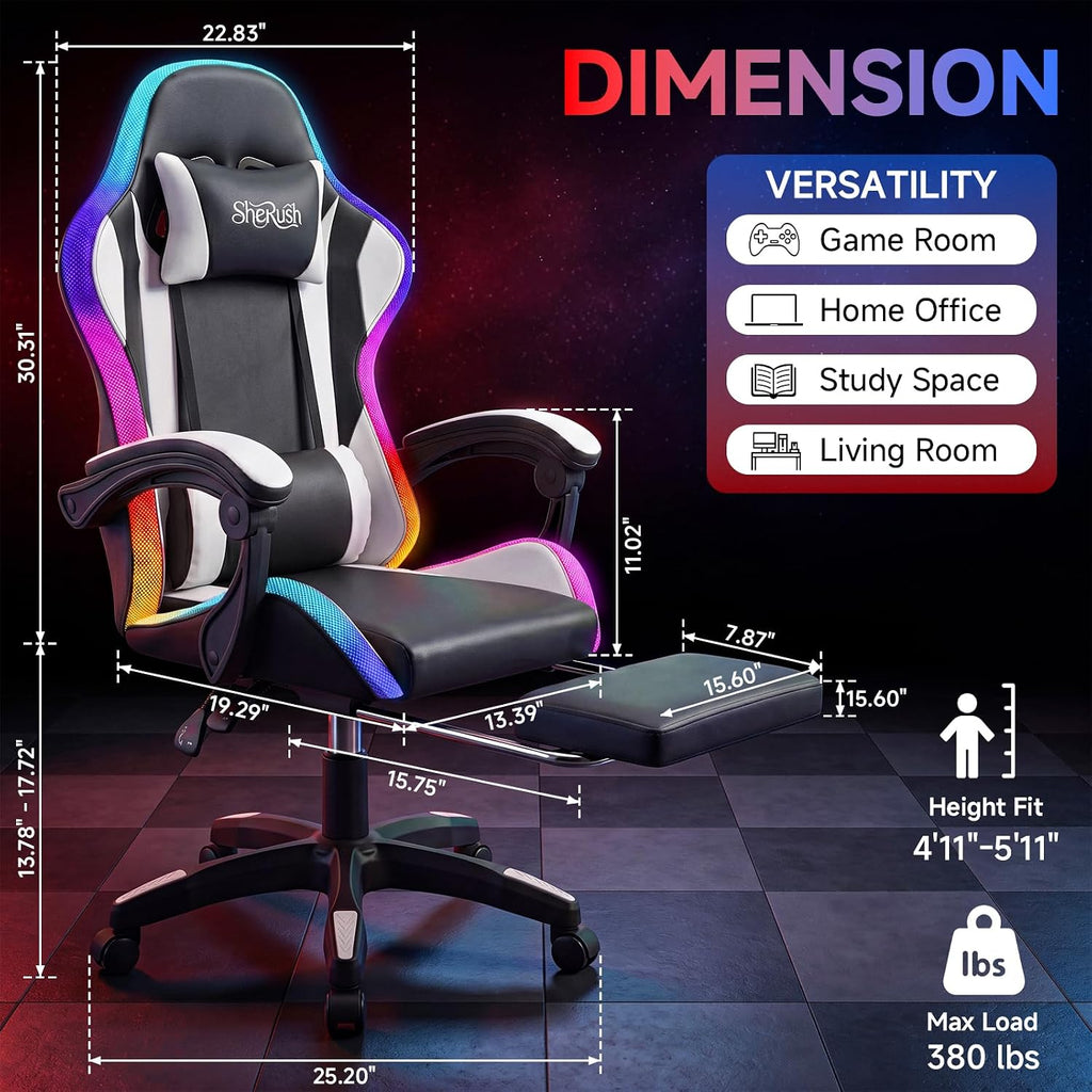 RGB LED Gaming Chair with Speakers & Footrest - Ergonomic High Back Racing Style Video Game Chair, Reclining Computer Desk Chair with Massage Lumbar Support & Headrest, 350lbs Heavy Duty