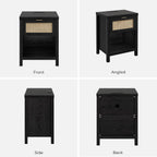 SICOTAS Black Rattan Nightstands Set of 2 with Charging Station | Modern Night Stand with Drawer, Bedside Table with USB and Type-C Ports, Bed Side Tables for Bedroom, Black Oak, 2 PCS