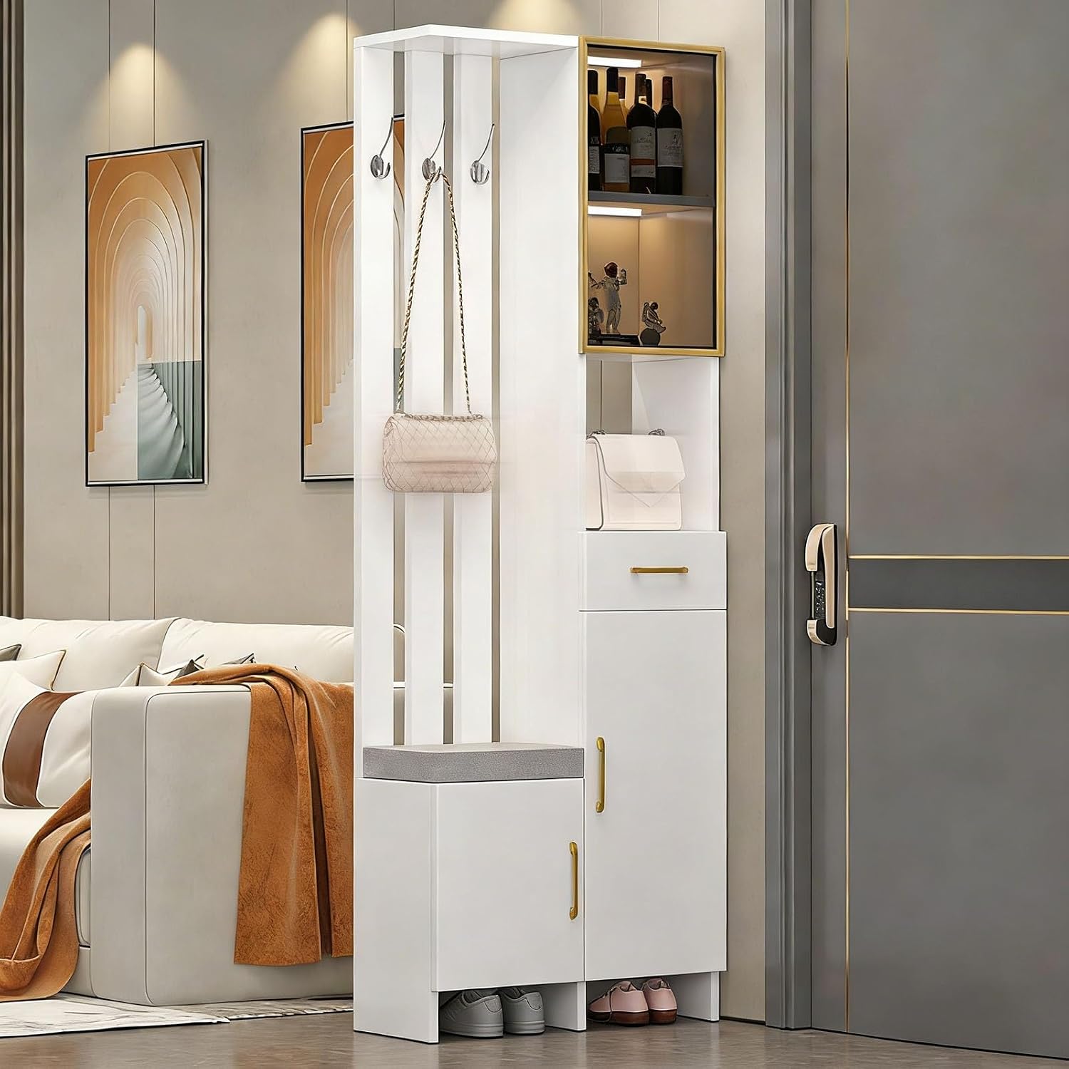 Wall Room Divider with Storage, 78.7" Tall Entryway Hall Tree Room Partition with Shoe Cabinet,Freestanding Wood Privacy Screen with Coat Rack, Bench & Glass Display(White+Left Side,80cm/31.5in)