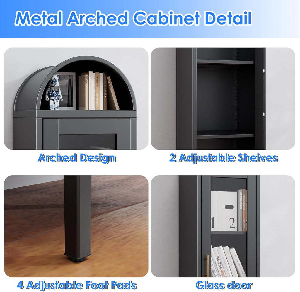 METAN Tall Metal Arched Display Cabinet with Glass Door, Narrow Freestanding Storage Cabinet for Home Bar & Living Room, Black Steel Curio Bookshelf, 15" D x 16" W x 63" H, Assembly Required