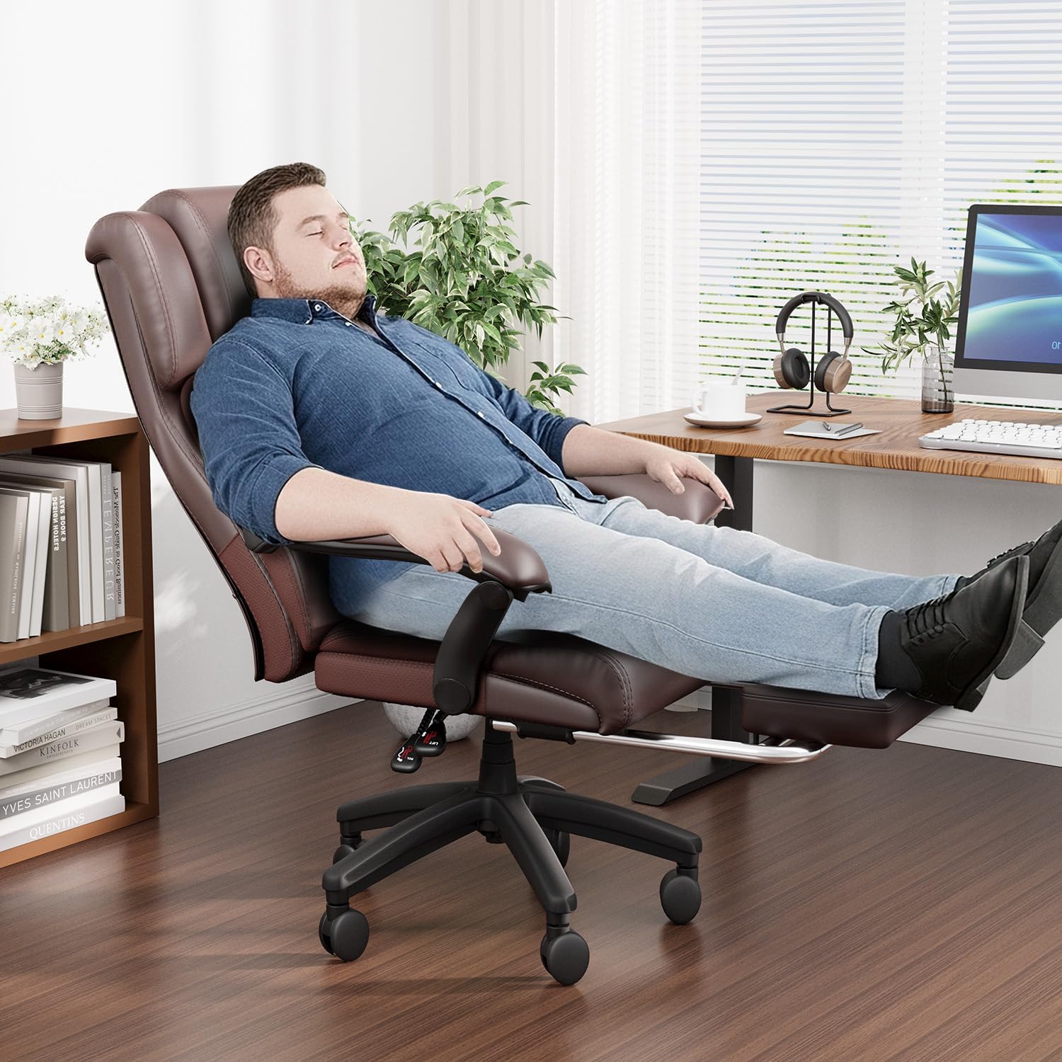 HOMREST 500lbs Big and Tall Office Chair, Ergonomic Heavy Duty Chair with Adjustable Lumbar Support & Backrest, Executive Leather Office Chair with Wide Armrests and Wheels (Brown)