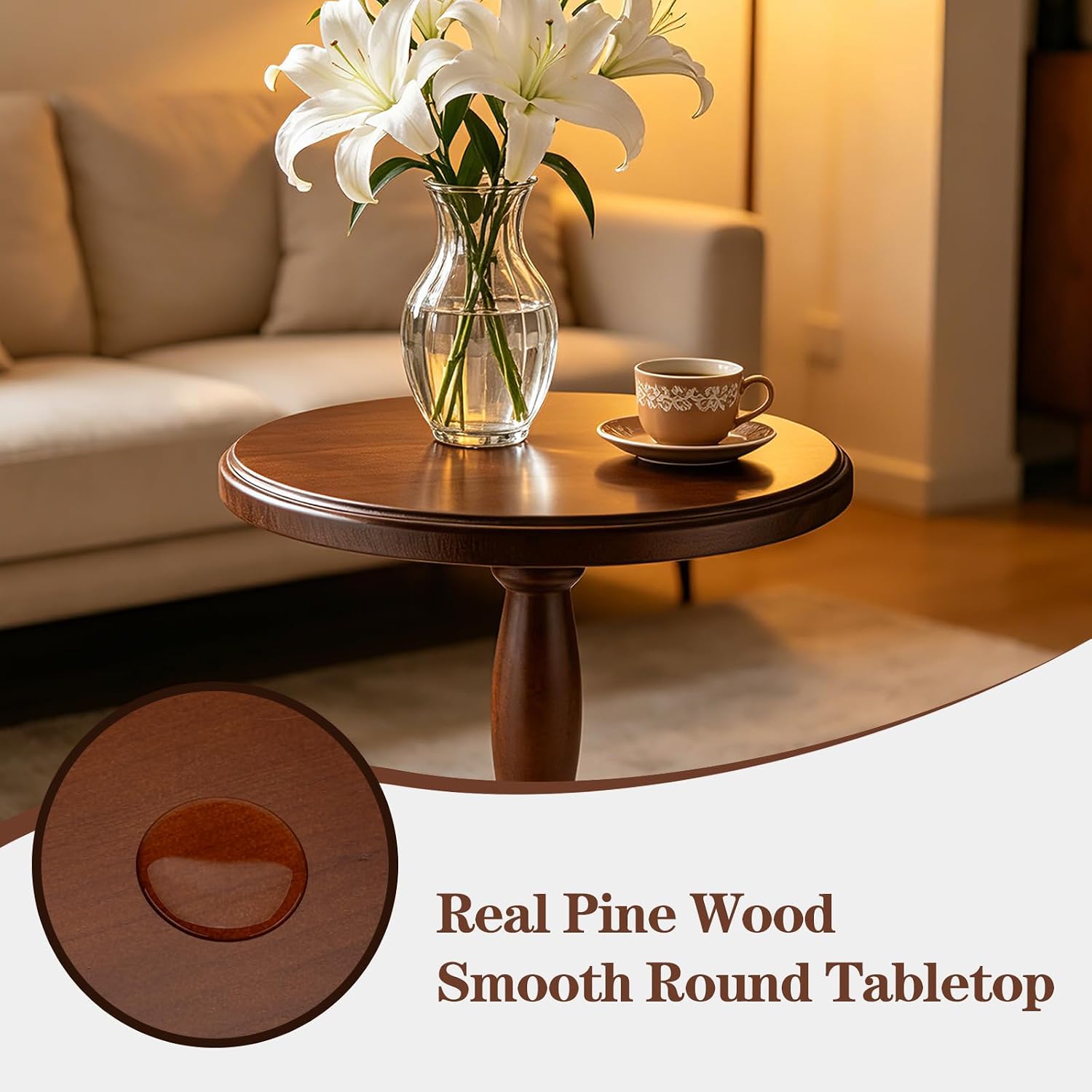 SANY DAYO HOME 12" Real Wood Round Drink Table, Small Pedestal Side Table with Decorative Beaded Design, Accent End Table for Living Room and Bedroom, Brown