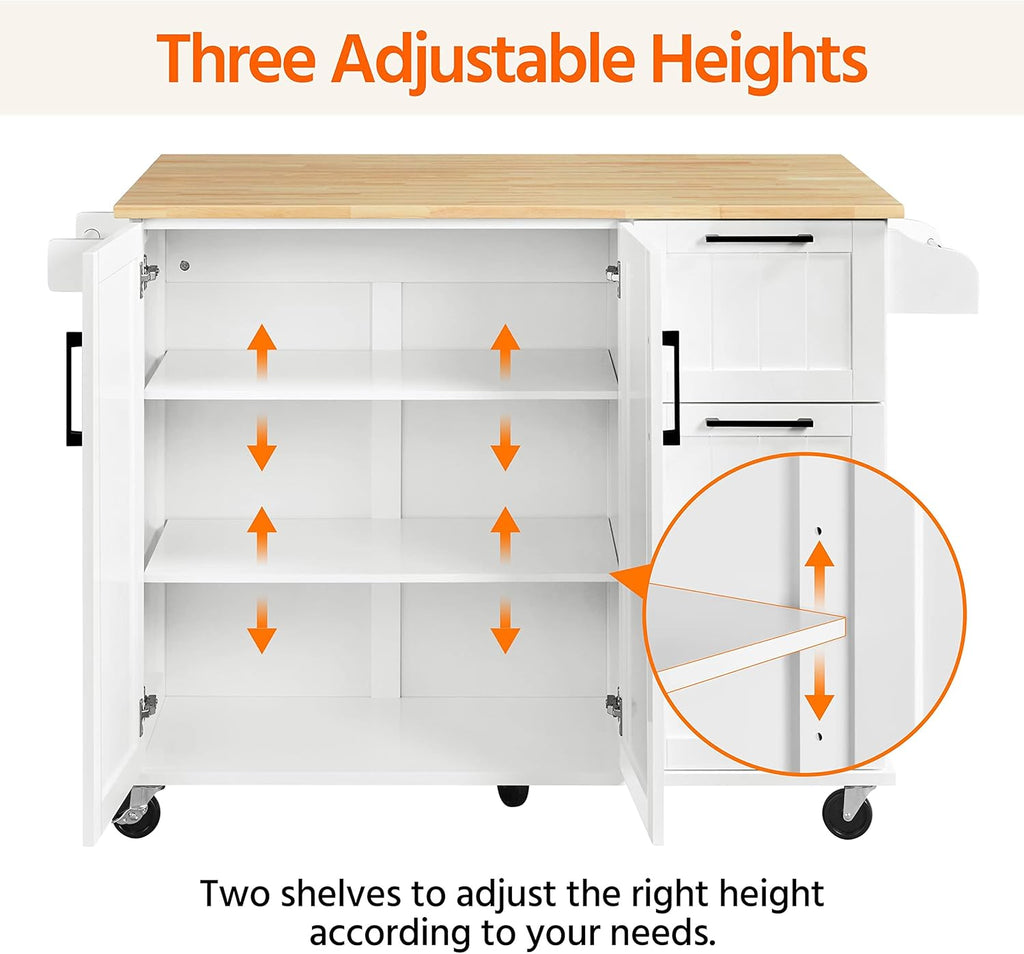 Yaheetech Kitchen Island with Drop-Leaf Breakfast Bar, 53" Width Kitchen Cart on 5 Universal Wheels with Rubberwood Top, Storage Cabinet, 3 Drawers, and Spice Rack for Dining Room, White
