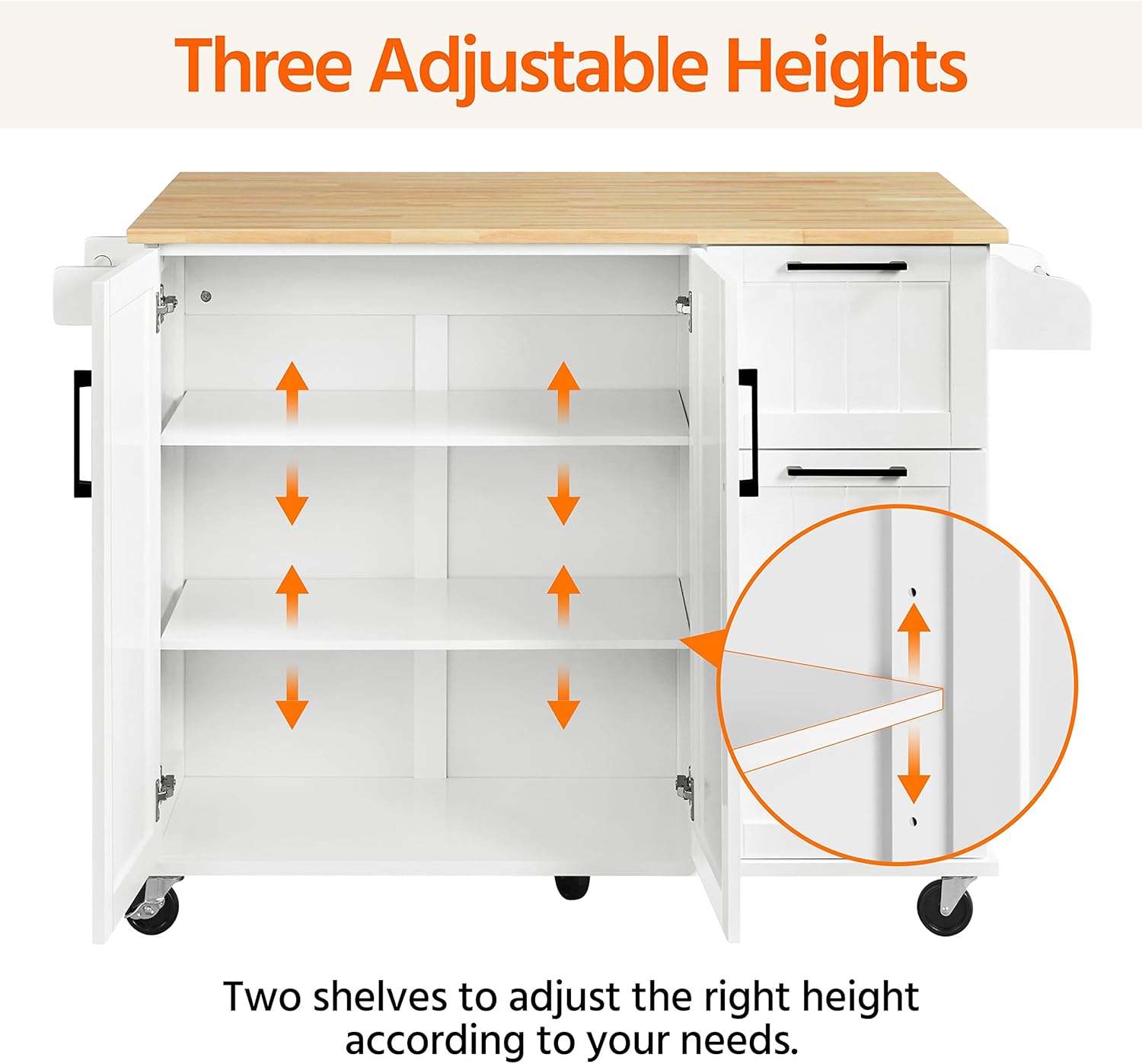 Yaheetech Kitchen Island with Drop-Leaf Breakfast Bar, 53" Width Kitchen Cart on 5 Universal Wheels with Rubberwood Top, Storage Cabinet, 3 Drawers, and Spice Rack for Dining Room, White