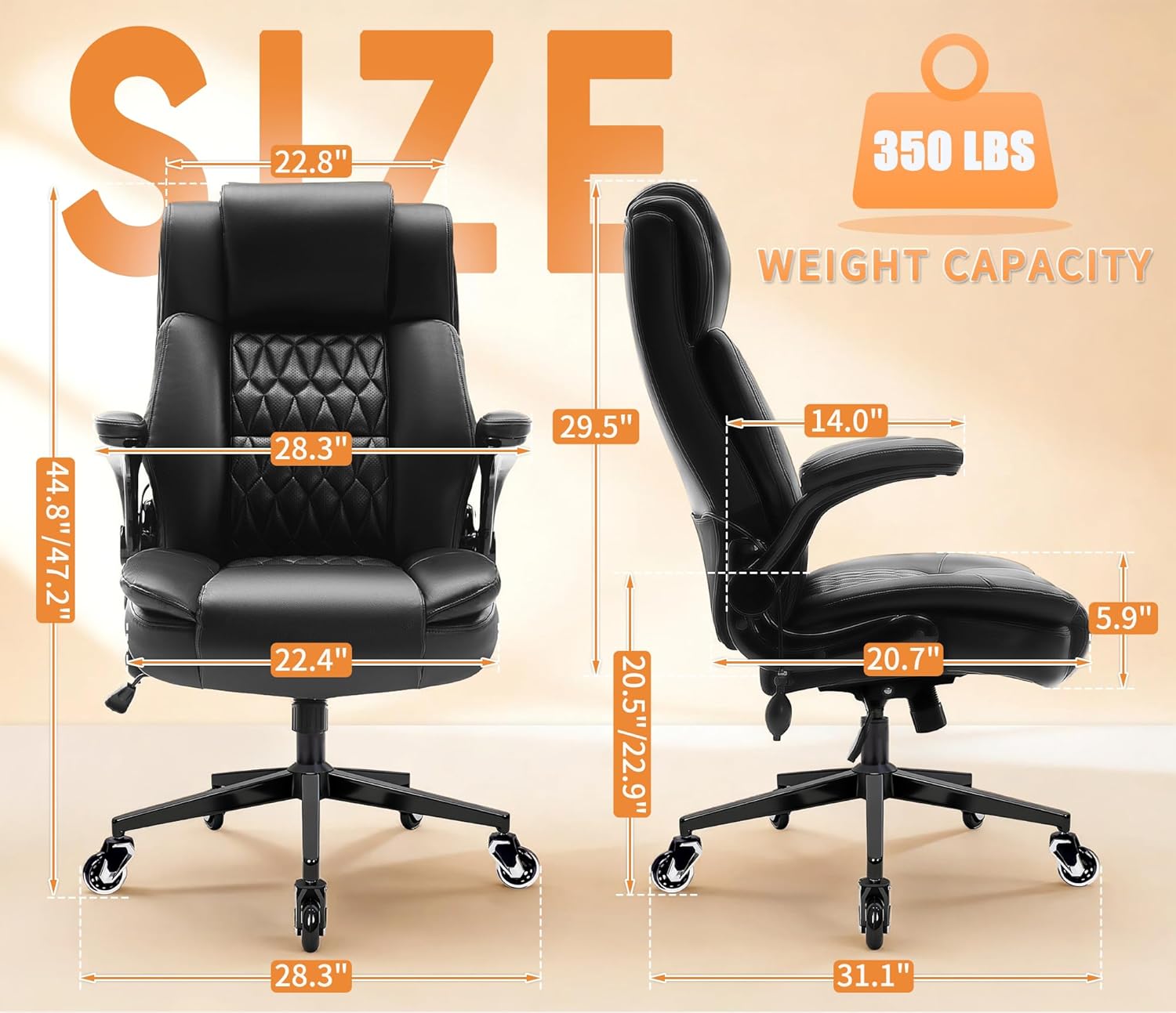 Large High Back Office Chair - Adjustable Lumbar Support, Flip Up Arms, Heavy Duty Metal Base, Breathable Bonded Leather, 2 Storage Bags, Black