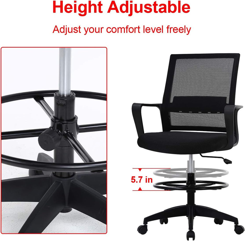 Drafting Chair Tall Office with Lumbar Support Arms for Standing Desk Swivel Rolling Mesh Footrest Ring Height Adjustable Stool Bar High Desk, 250lbs, Seat-Hight 20.7-28.5 inch