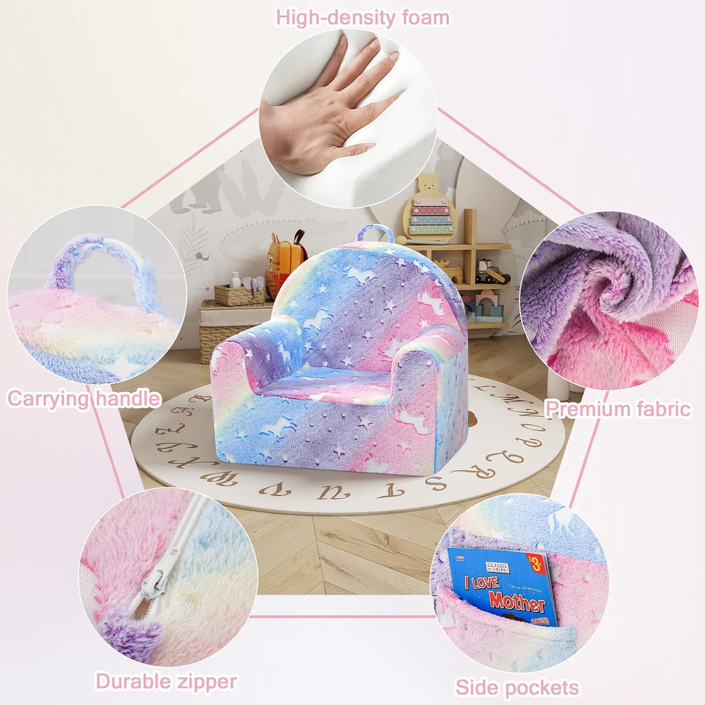 MeMoreCool Comfy Kids Chair for Ages 3+, Glow Unicorn Kids Reading Chair, Soft Plush Kids Armchair, Cozy Foam Kids Armchair for Kids Room, Living Room, Playroom, Reading Nook
