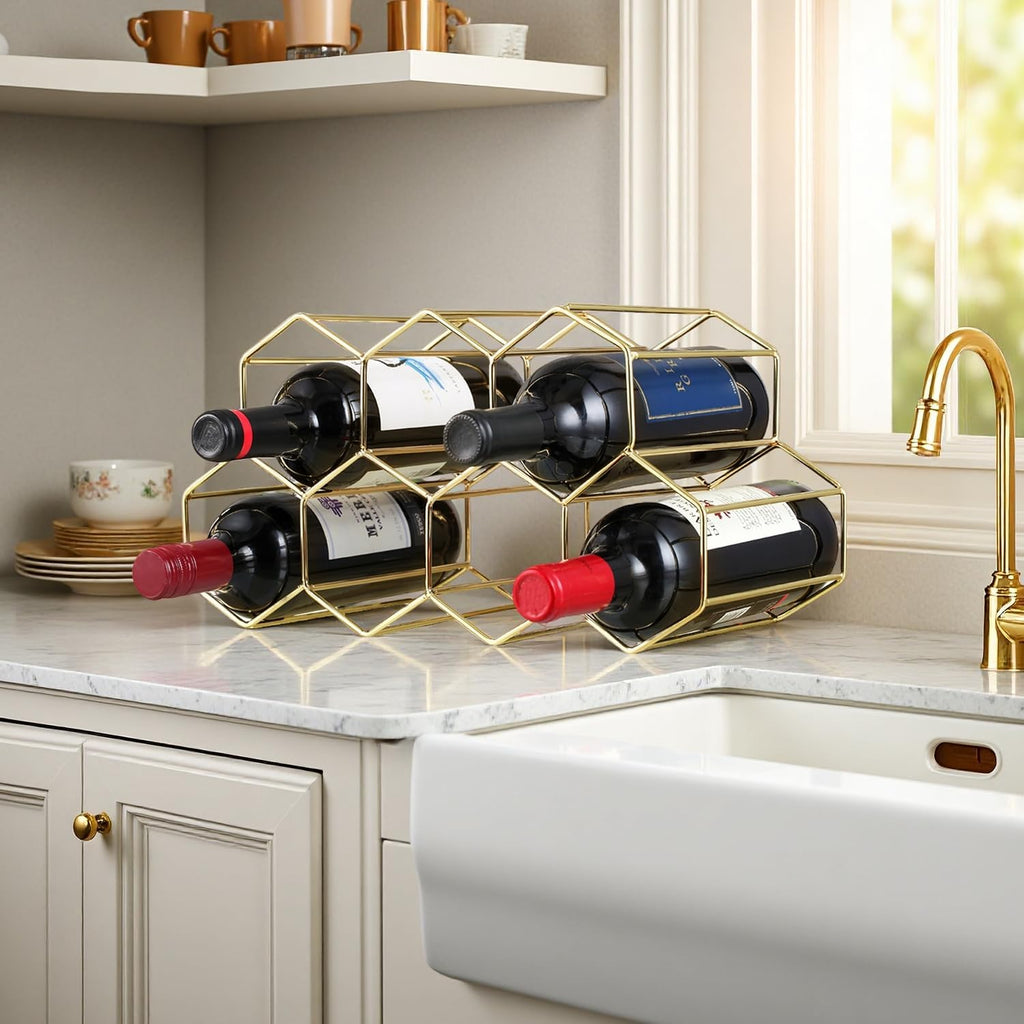 Buruis 9-Bottle Countertop Wine Rack, Honeycomb Metal Wine Holder, Gold | No Assembly Required, Space-Saving Wine Storage, Kitchen Bar Organizer, Red & White Wine Display, Modern Home Decor