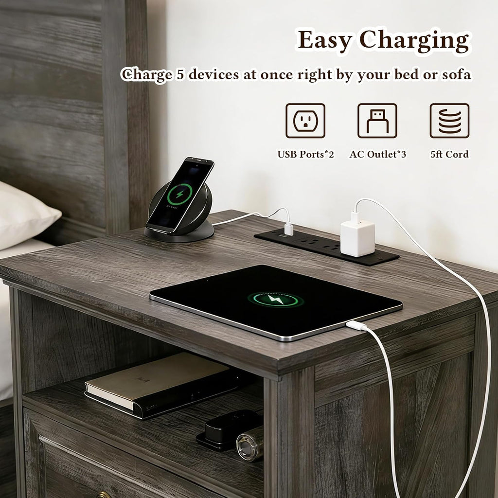 Farmhouse End Table with Charging Station, Rustic Wood Nightstand with 2 Large Drawers & Open Storage, Bedside Table with USB-C Ports for Living Room Bedroom (Gray Oak)