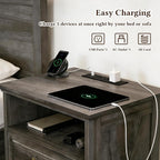 Farmhouse End Table with Charging Station, Rustic Wood Nightstand with 2 Large Drawers & Open Storage, Bedside Table with USB-C Ports for Living Room Bedroom (Gray Oak)