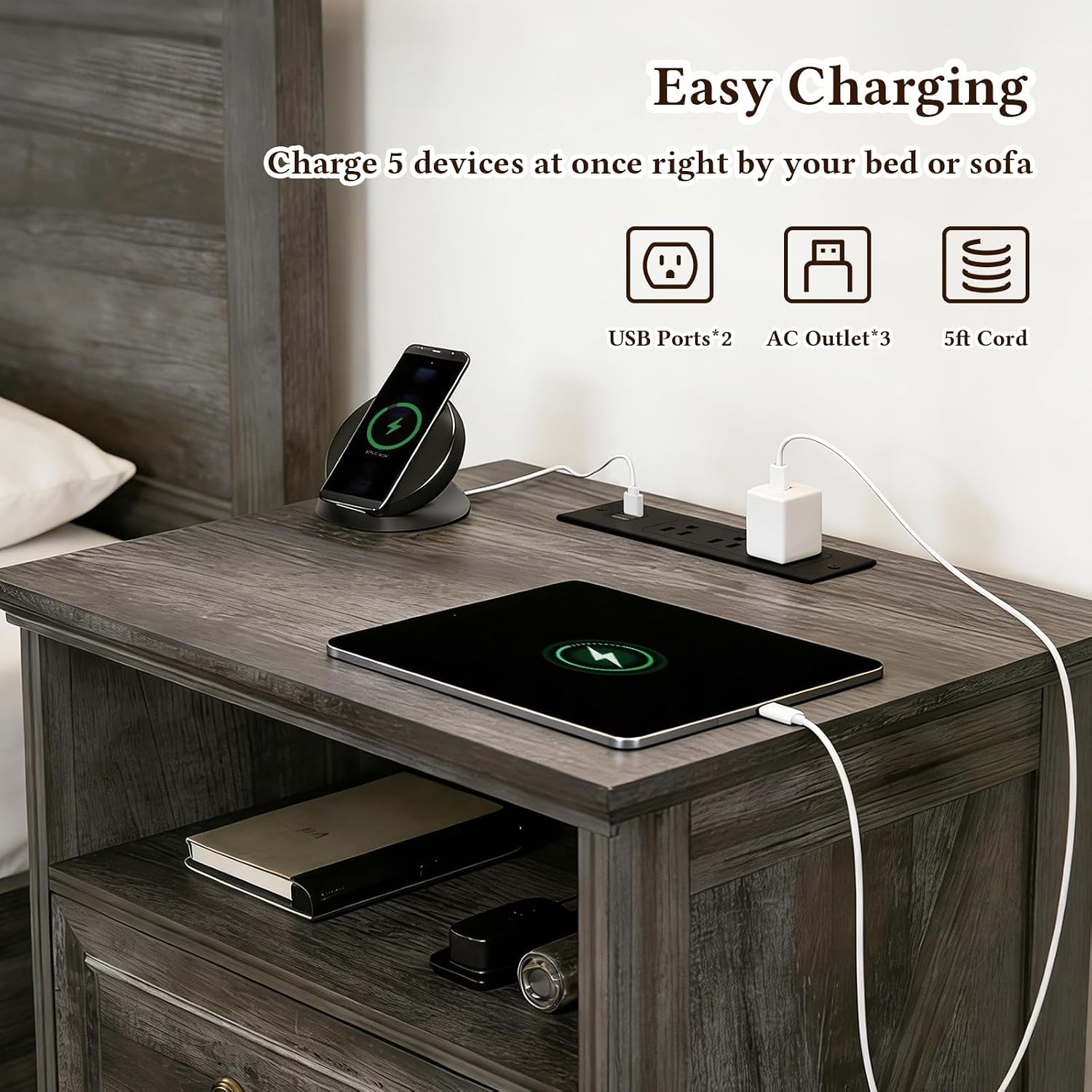 Farmhouse End Table with Charging Station, Rustic Wood Nightstand with 2 Large Drawers & Open Storage, Bedside Table with USB-C Ports for Living Room Bedroom (Gray Oak)
