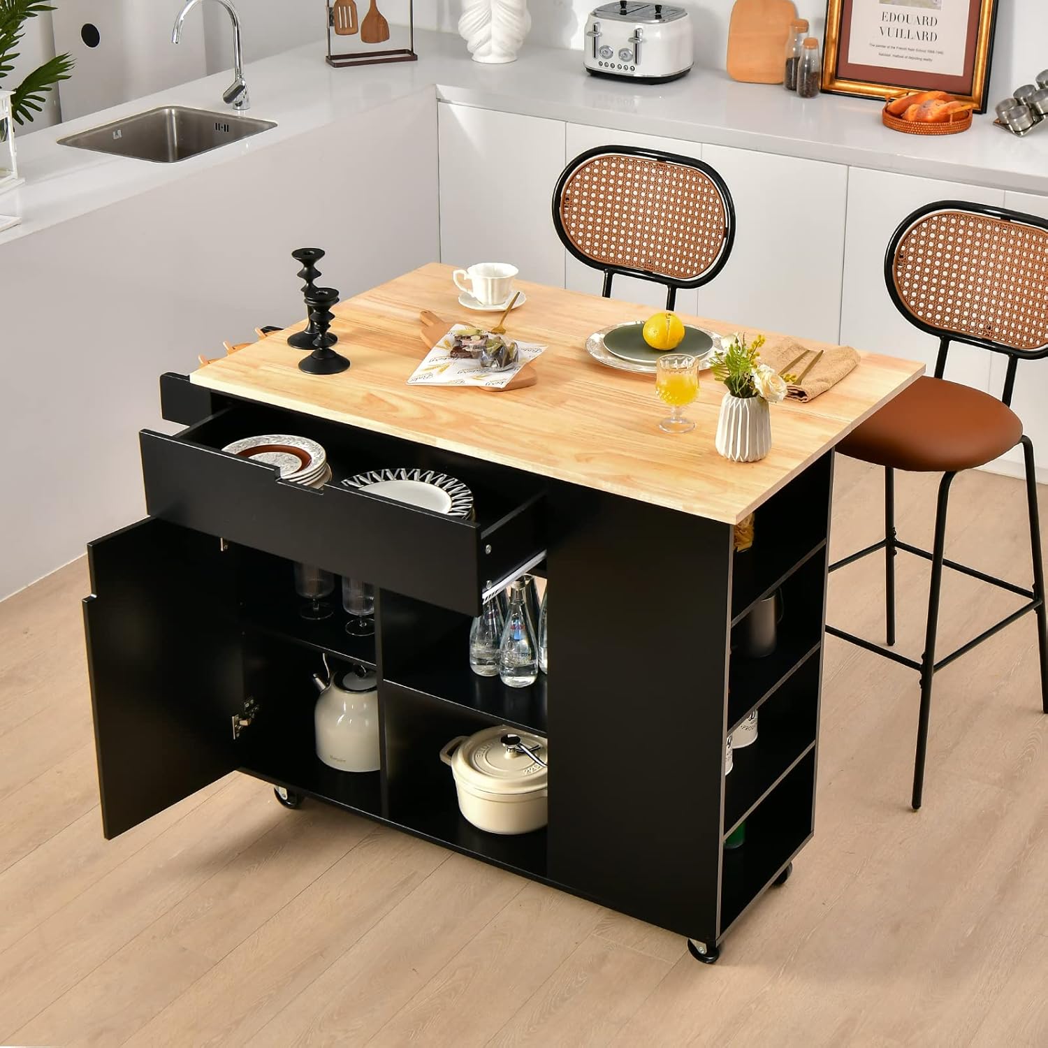 Giantex Kitchen Island Cart Drop-Leaf Countertop, Rubber Wood Breakfast Dining Table w/Large Drawer, Storage Shelves, 4-Tier Spice Rack, Rolling Serving Cart on 5 Wheels for Home Coffee Bar (Black)
