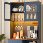 71" Tall Coffee Bar Cabinet with Storage Hutch, Farmhouse Kitchen Pantry Cabinet with LED Lights Microwave Stand and Glass Holder for Home Dining Room Kitchen (Blue)