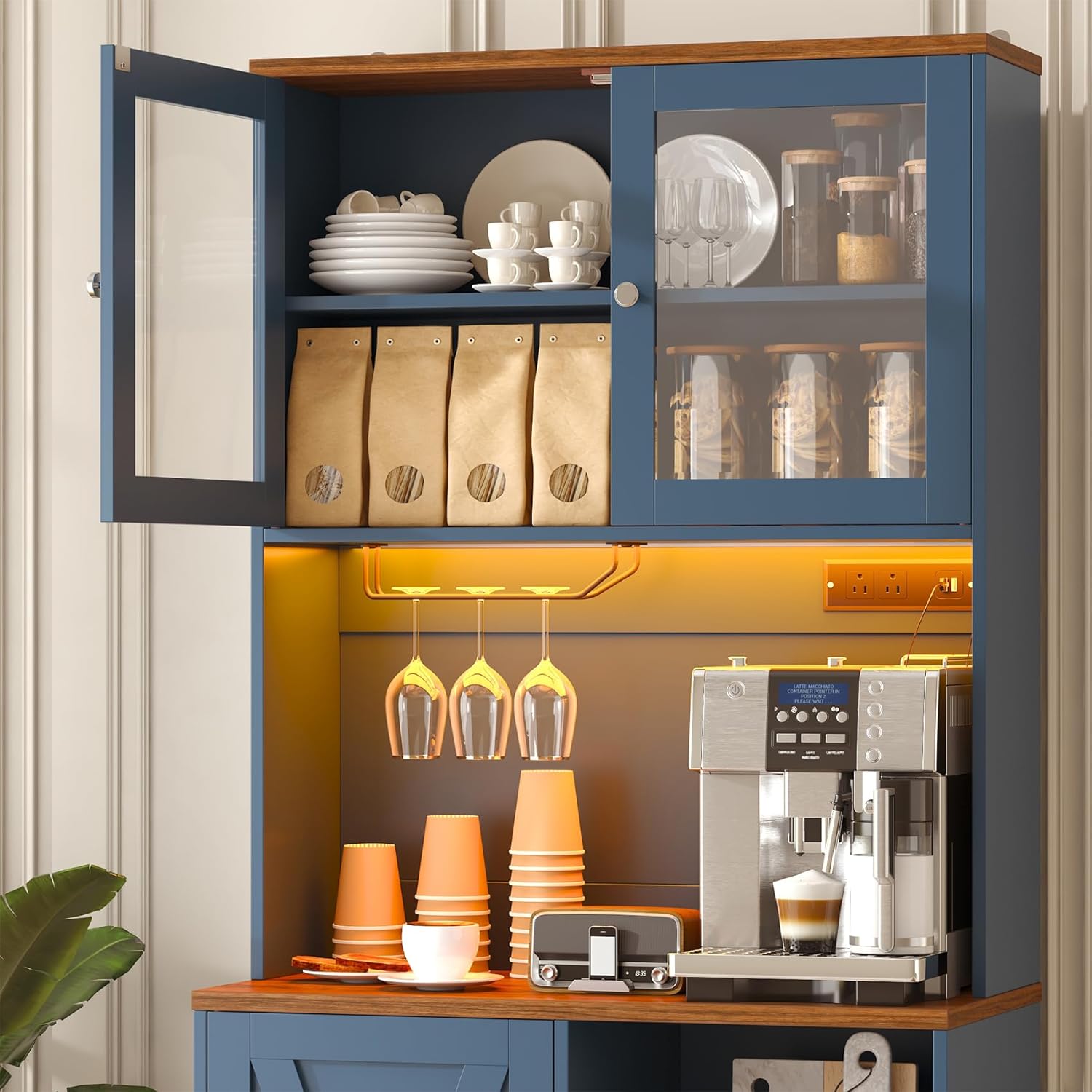 71" Tall Coffee Bar Cabinet with Storage Hutch, Farmhouse Kitchen Pantry Cabinet with LED Lights Microwave Stand and Glass Holder for Home Dining Room Kitchen (Blue)