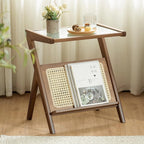 Rattan Bamboo Side Table, Boho Nightstand with Glass Top & Magazine Rack, Storage End Table for Living Room, Bedroom & Study Room,Walnut