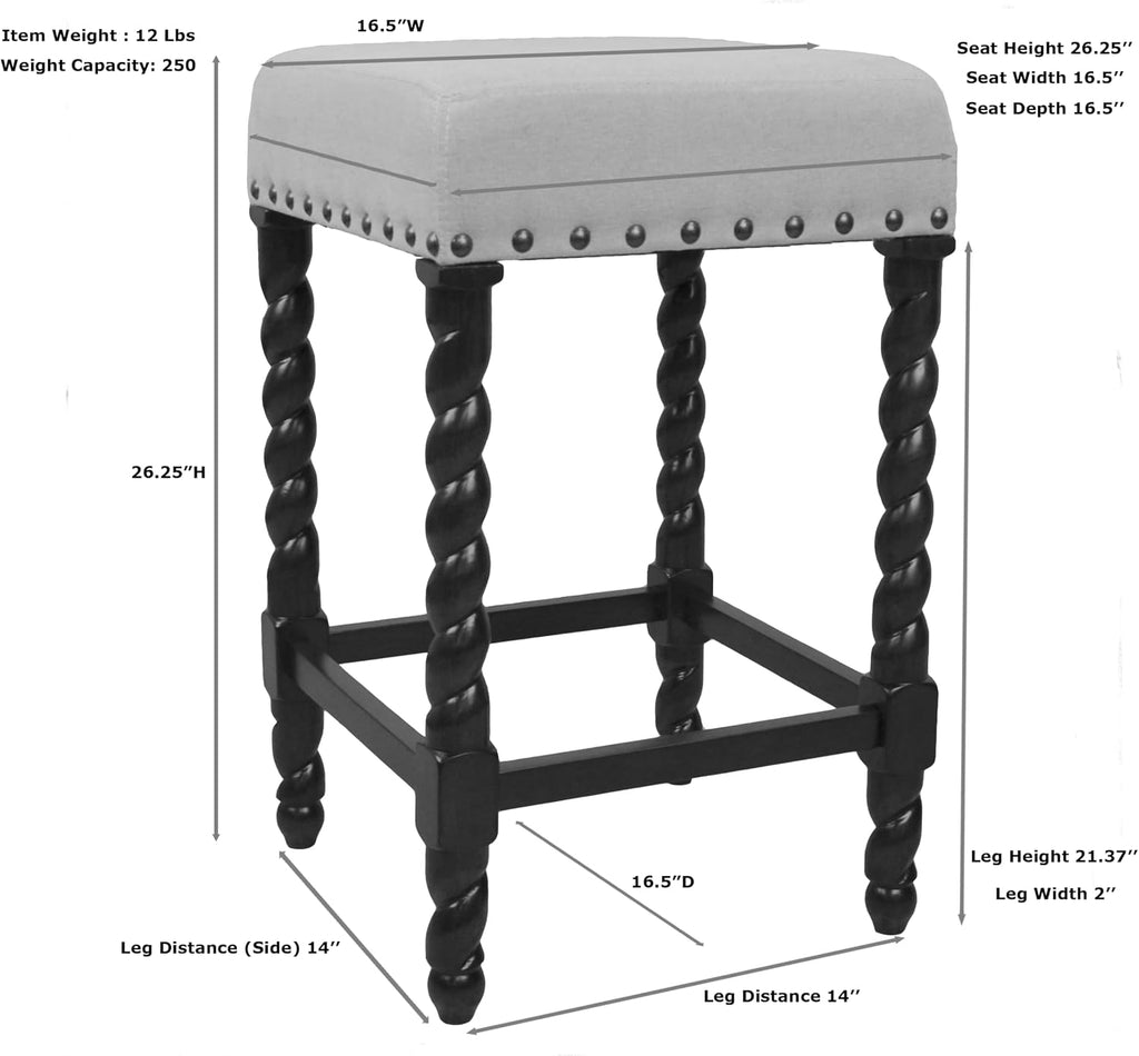 Carolina Chair & Table Remick 24" Counter Stool with Linen Upholstered Seat - Solid Wooden Frame, Twist Turned Legs with Antique Brass Nailhead Trim Accent Stool for Kitchens, Bars (Natural Oak)