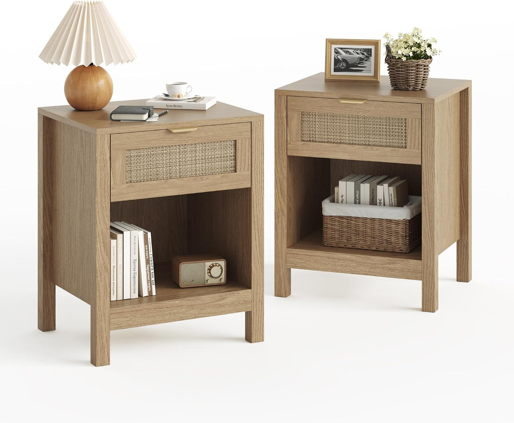 Fluted Farmhouse Nightstands Set of 2, Night Stand with Drawer and Storage Shelf, Teslin Wooden End Table for Living Room, Side Table for Bedroom, Natural Oak