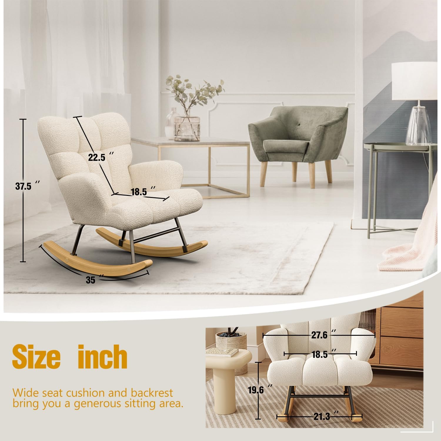 VIRRMO Glider Rocking Chair for Bedroom Chair, Comfy Accent Chair Reading Chair with High Backrest Armchair Teddy Soft Upholstered Living Room Chairs for Nursery Bedroom Home (Milky White)