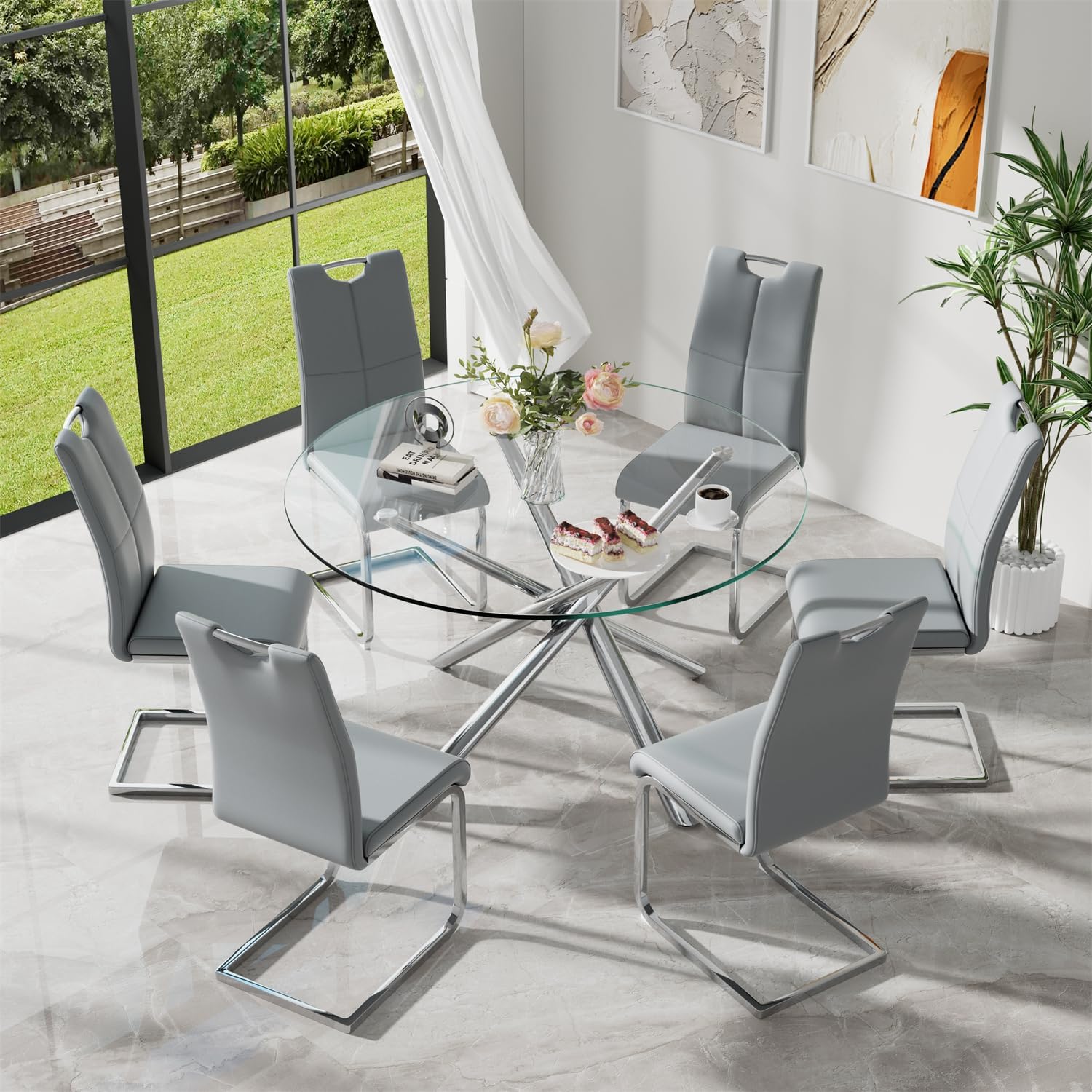 yeag Modern Dining Chairs Set of 4, High Back Kitchen and Kitchen Room Chairs with Silver Metal Chrome Legs and Upholstered PU Faux Leather Seat, Accent Side Chair for Home,Living Room, Gray