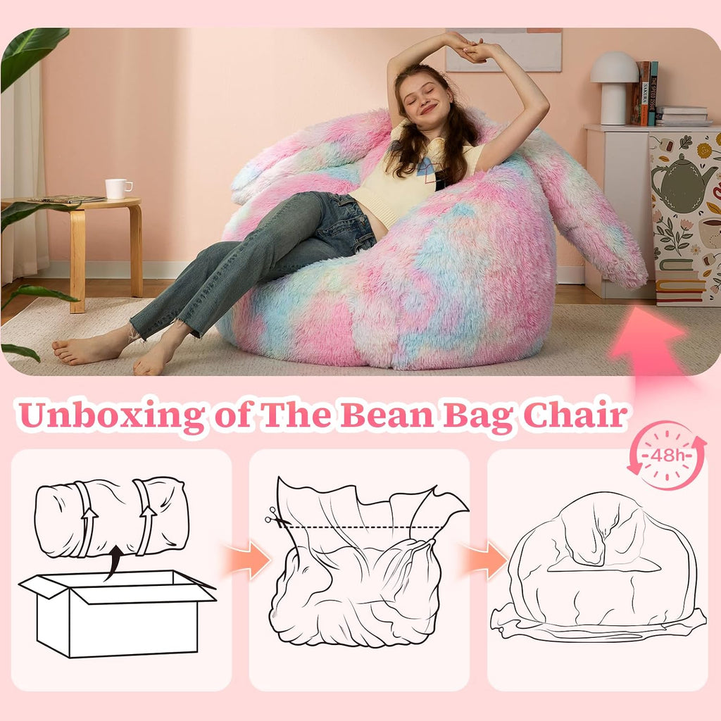 Achicsofar Bean Bag Chair for Adults Teens Giant Fluffy Plush Bean Bag Sofa with Filler Faux Fur Rabbit Shaped Beanbag Chairs Comfy Accent Floor Couch for Gaming, Reading in Bedroom, Living Room, Dorm