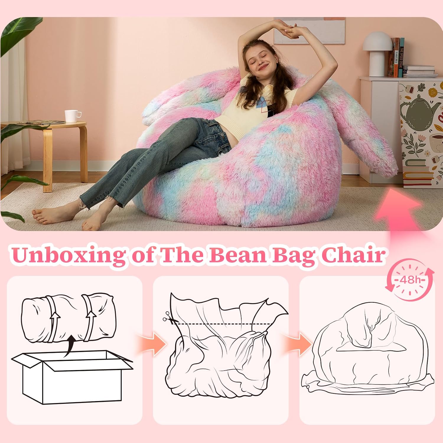 Achicsofar Bean Bag Chair for Adults Teens Giant Fluffy Plush Bean Bag Sofa with Filler Faux Fur Rabbit Shaped Beanbag Chairs Comfy Accent Floor Couch for Gaming, Reading in Bedroom, Living Room, Dorm