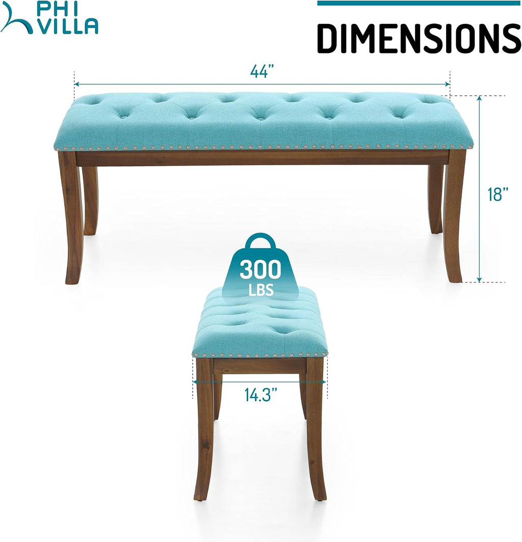 PHI VILLA Bench for Bedroom End of Bed - Dining Bench with Sturdy Wood Legs, Extra-Long Upholstered Tufted Bed Bench Seat, Farmhouse Entryway Bench