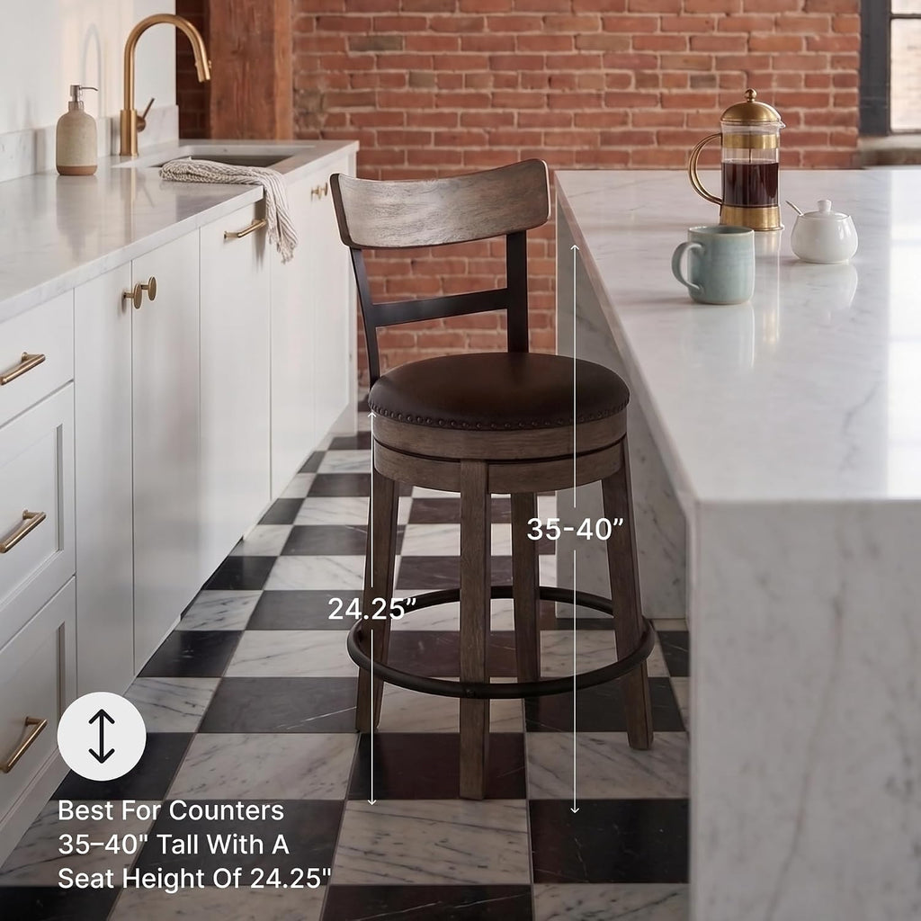 Signature Design by Ashley Pinnadel Bar Stool, Swivel Counter Height Stool Chair With Faux Leather Seat, Wood and Metal Frame for Kitchen Island With Seating, Light Brown