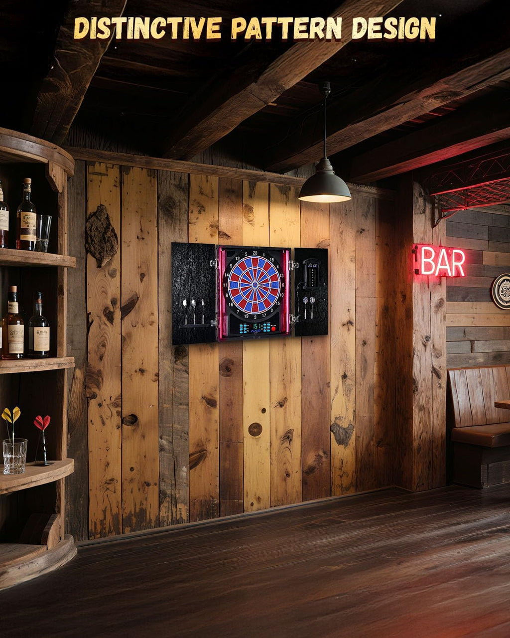 Electronic Dart Board, Electric Dartboard Cabinet Set for Adults [12 Soft Tip Darts] Individual Light Color for Each Player- Wooden Dartboard Cabinet for Family Game