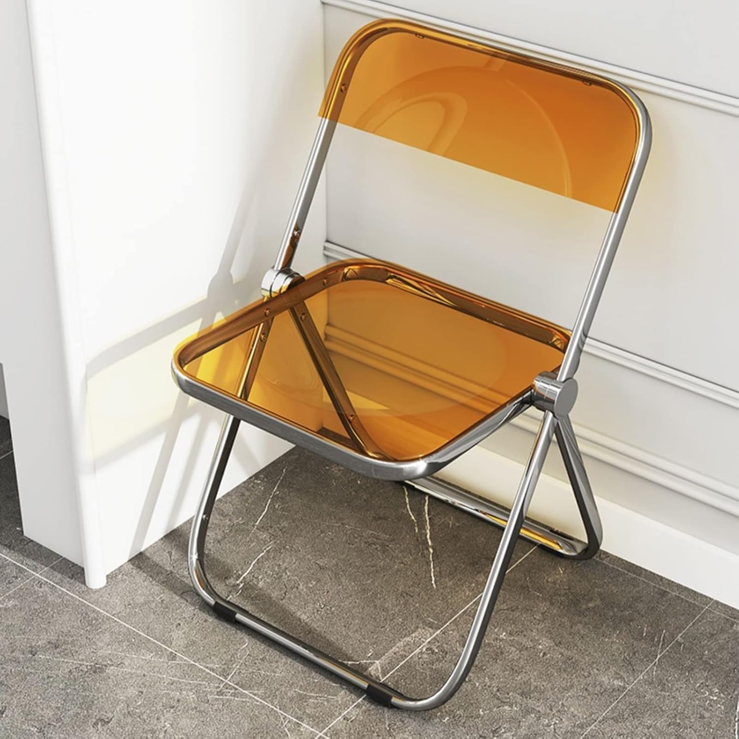 Transparent Folding Chair Modern Dining with Chrome Frame Acrylic Chair PC Plastic Living Room Seat(Yellow)