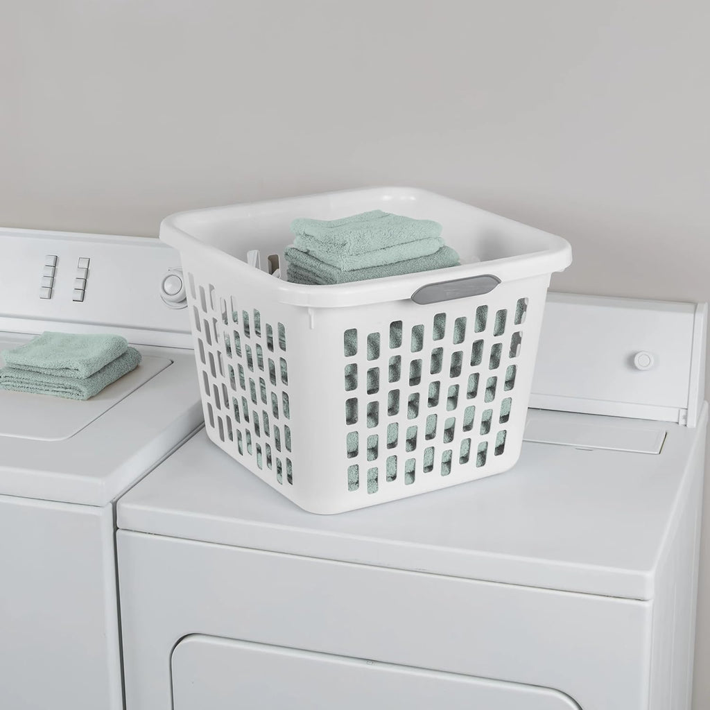 1.5 Bushel Square Plastic Laundry Basket, BPA-Free, White - 2 Comfort Grip Handles, Sturdy & Stackable, for Bedroom, Bathroom & Laundry Room