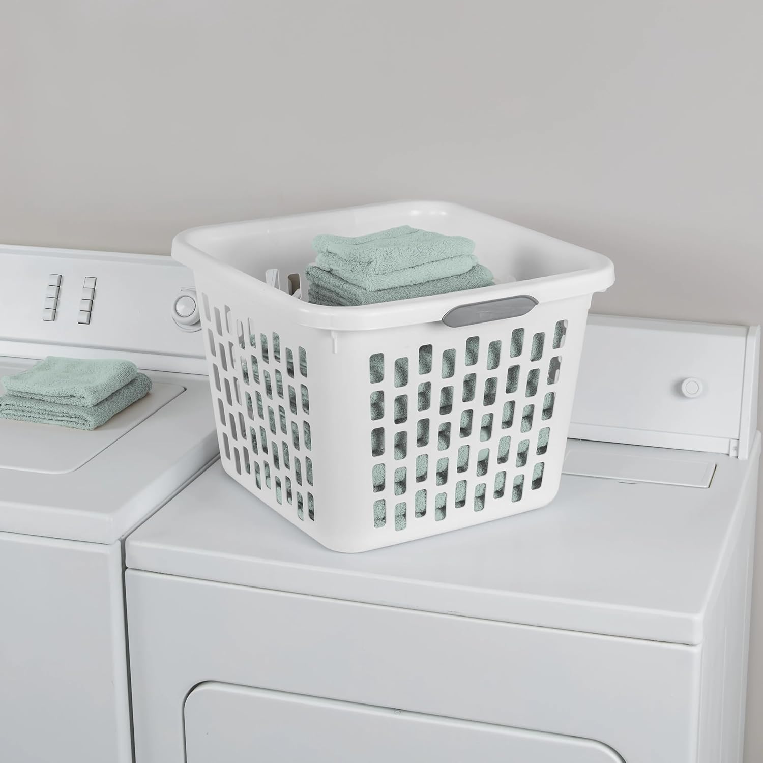 1.5 Bushel Square Plastic Laundry Basket, BPA-Free, White - 2 Comfort Grip Handles, Sturdy & Stackable, for Bedroom, Bathroom & Laundry Room