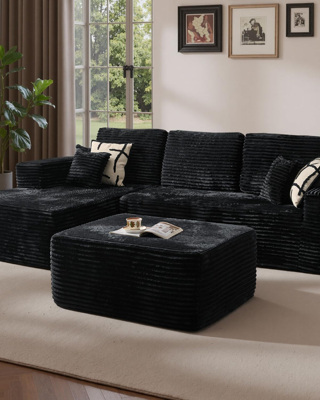 37" Plush Boneless Ottoman, Upholstered Cloud Footrest for Boneless Couch in a Box,Oversize Poufs for Living Room & Bedroom Sofa Ottoman,Comfy Seating with Dense Foam, Black (Plush Corduroy Fabric)