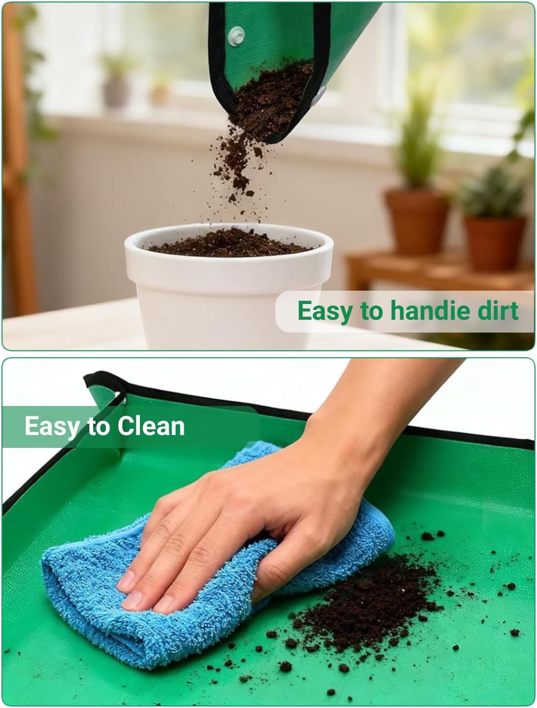 Plant Repotting Mat, Waterproof Gardening Mat for Indoor Plants, Thickened PE Potting Mat with Copper Buckles for Mess Control, Foldable Succulent Transplanting Mat, Green (29.5"*39.4")