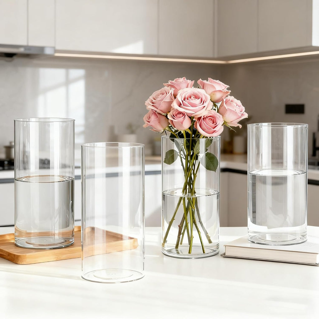 4 Pack Acrylic Cylinder Vases for Centerpieces, 8 inch Tall Clear Flower Vase, Unbreakable Vases,Hurricane Candle Holders Floating Candle Vase for Wedding Dinner Table Party Living Room Decor