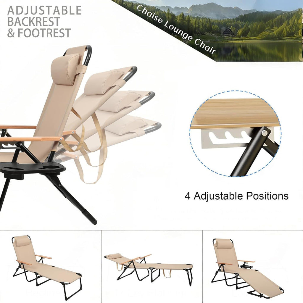 Foldable Chaise Lounge Chair Outdoor, 4-Position Reclining Outdoor Lounge Chairs with Wooden Armrest, Folding Sun Lounger with Removable Pillow for Garden Beach Patio Camp (Gray with Canopy)